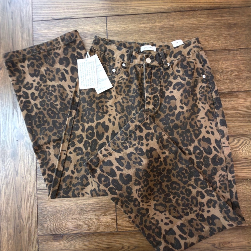 WHOOWAP Leopard Print High Waisted Straight Leg Denim Jeans Brown Black Size M